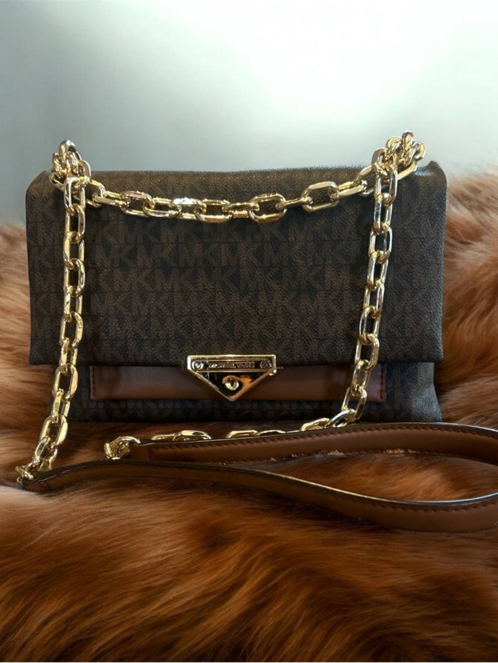 Michael Kors Cece Medium Flap Chain Shoulder Bag Brown MK Signature
